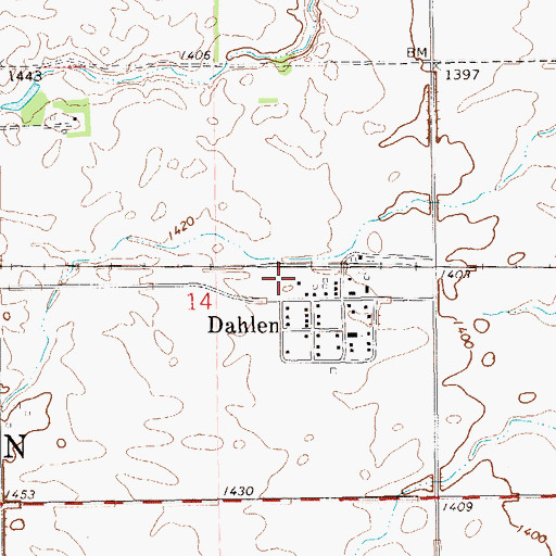 Topographic Map of Dahlen Census Designated Place, ND