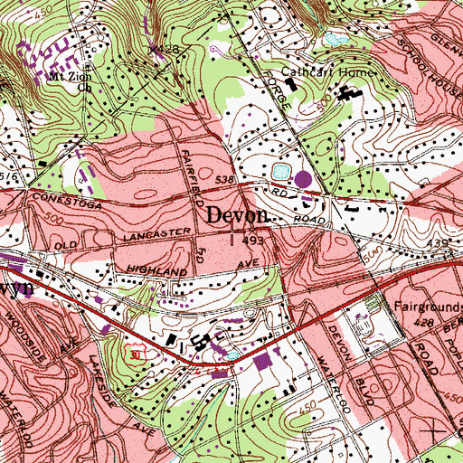 Topographic Map of Devon Census Designated Place, PA