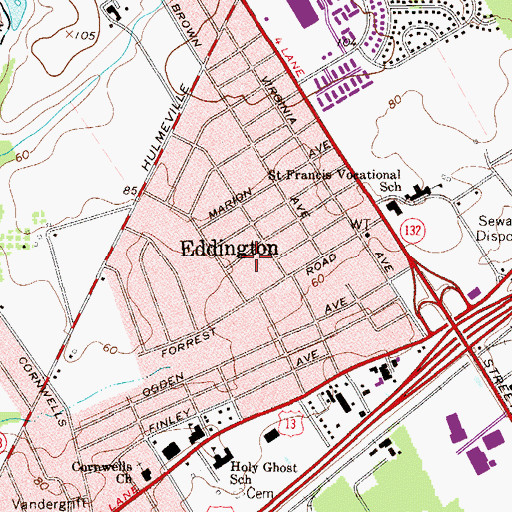 Topographic Map of Eddington Census Designated Place, PA