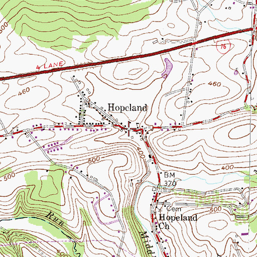 Topographic Map of Hopeland Census Designated Place, PA