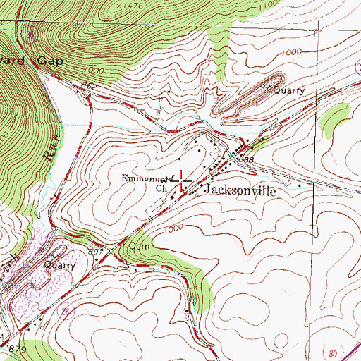 Topographic Map of Jacksonville Census Designated Place, PA