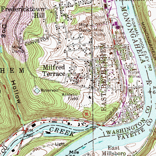 Topographic Map of Millsboro Census Designated Place, PA