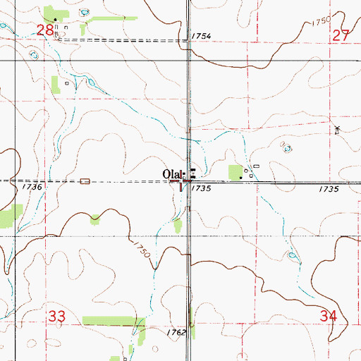 Topographic Map of Ola Census Designated Place, SD