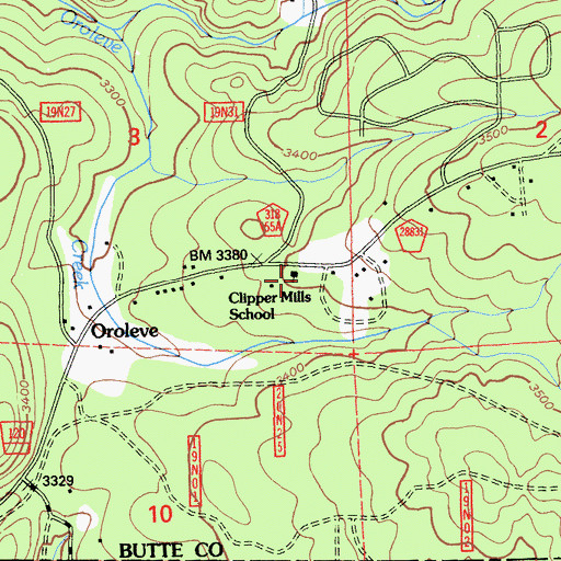 Topographic Map of Clipper Mills School, CA