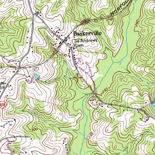 Topographic Map of Baskerville Census Designated Place, VA