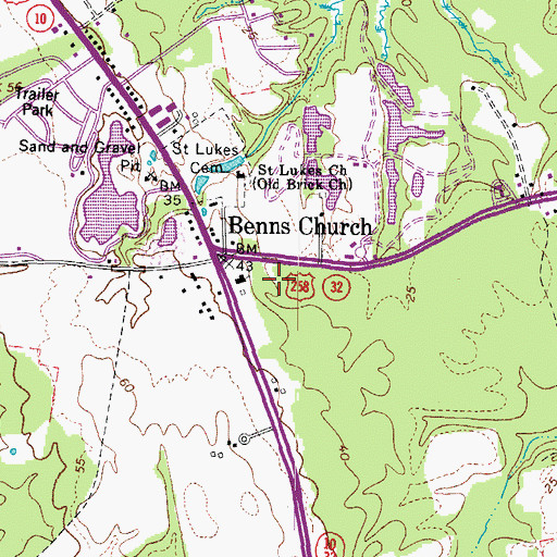 Topographic Map of Benns Church Census Designated Place, VA