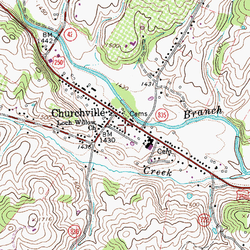 Topographic Map of Churchville Census Designated Place, VA