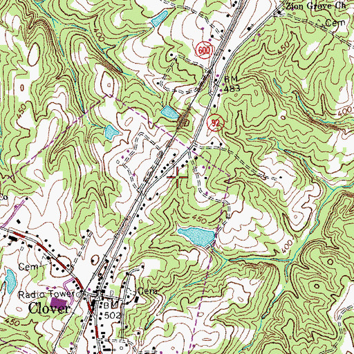 Topographic Map of Clover Census Designated Place, VA