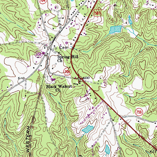 Topographic Map of Cluster Springs Census Designated Place, VA