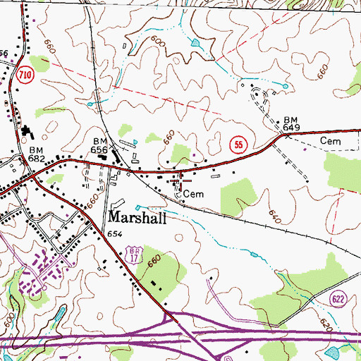 Topographic Map of Marshall Census Designated Place, VA