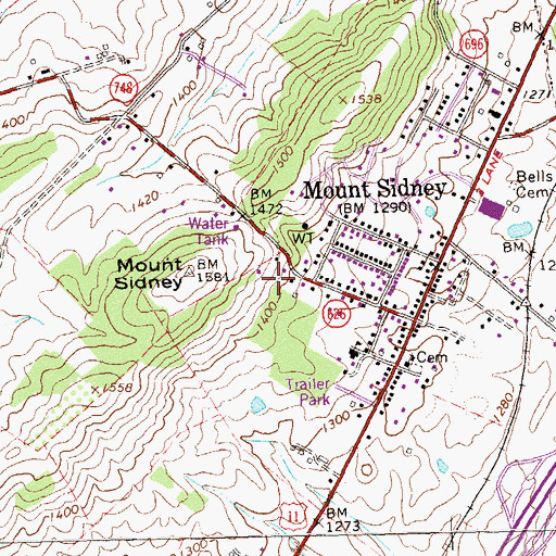 Topographic Map of Mount Sidney Census Designated Place, VA
