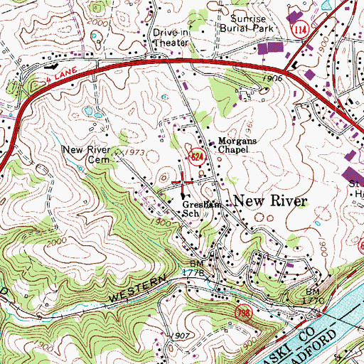 Topographic Map of New River Census Designated Place, VA