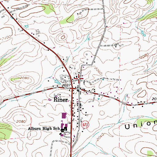 Topographic Map of Riner Census Designated Place, VA