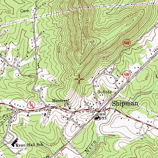 Topographic Map of Shipman Census Designated Place, VA