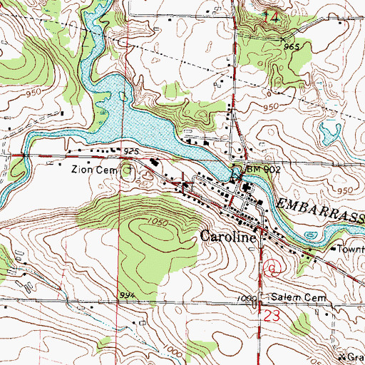 Topographic Map of Caroline Census Designated Place, WI
