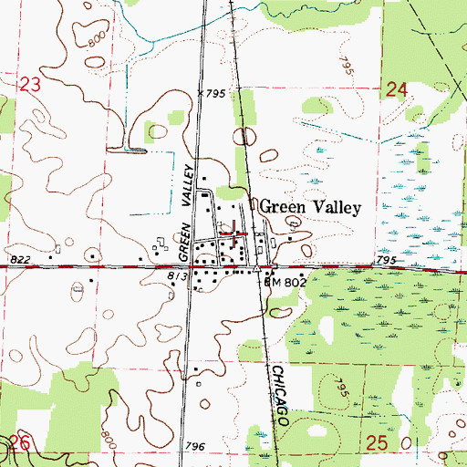 Topographic Map of Green Valley Census Designated Place, WI