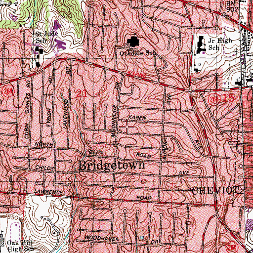 Topographic Map of Bridgetown Census Designated Place, OH