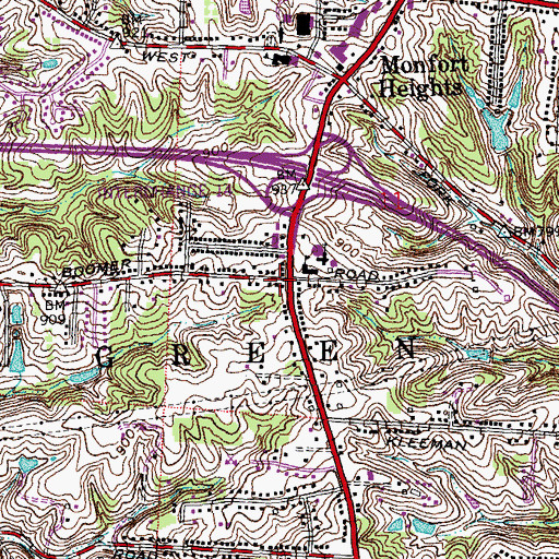 Topographic Map of Monfort Heights Census Designated Place, OH