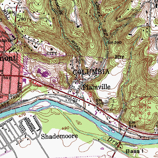 Topographic Map of Plainville Census Designated Place, OH