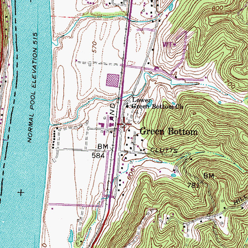 Topographic Map of Greenbottom Cemetery, WV