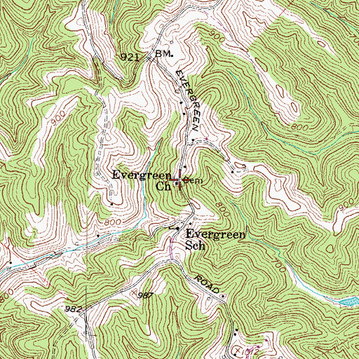 Topographic Map of Evergreen Cemetery, WV