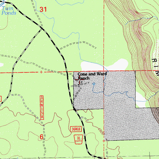 Topographic Map of Cone and Ward Ranch, CA