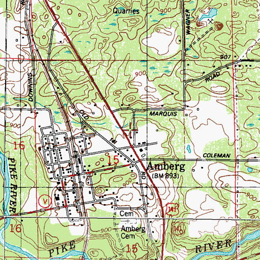Topographic Map of Amberg Census Designated Place, WI