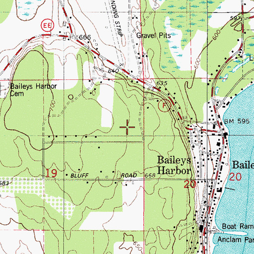 Topographic Map of Baileys Harbor Census Designated Place, WI