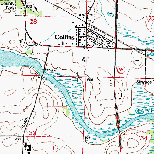 Topographic Map of Collins Census Designated Place, WI