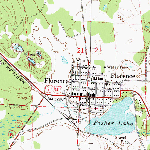 Topographic Map of Florence Census Designated Place, WI