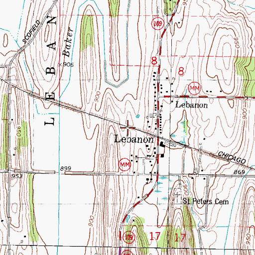 Topographic Map of Lebanon Census Designated Place, WI