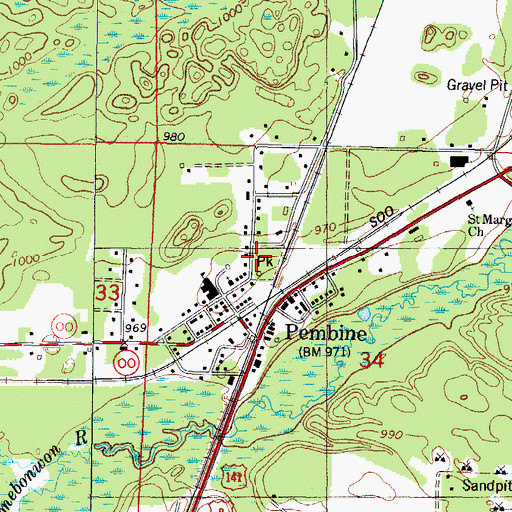 Topographic Map of Pembine Census Designated Place, WI