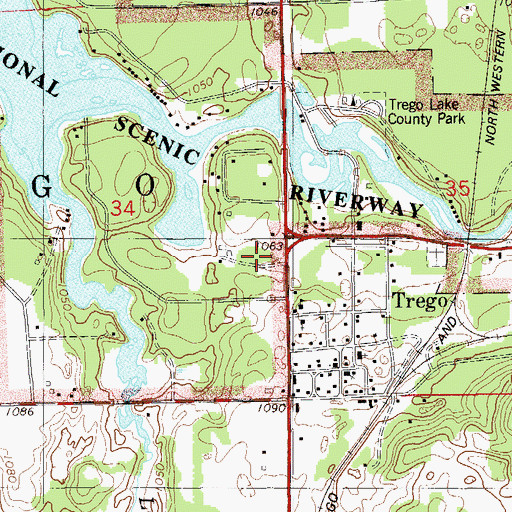 Topographic Map of Trego Census Designated Place, WI