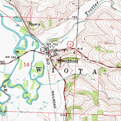 Topographic Map of Woodford Census Designated Place, WI