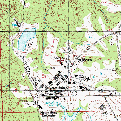 Topographic Map of Alcorn State University Census Designated Place, MS