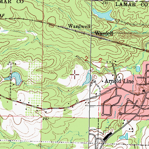 Topographic Map of Arnold Line Census Designated Place, MS