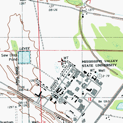Topographic Map of Mississippi Valley State University Census Designated Place, MS