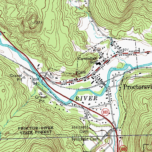 Topographic Map of Proctorsville Census Designated Place, VT