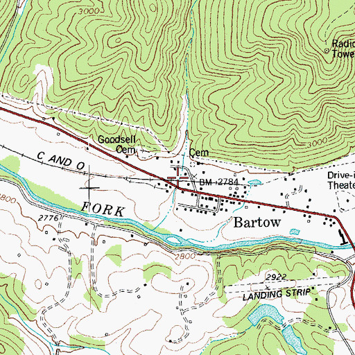 Topographic Map of Bartow Census Designated Place, WV