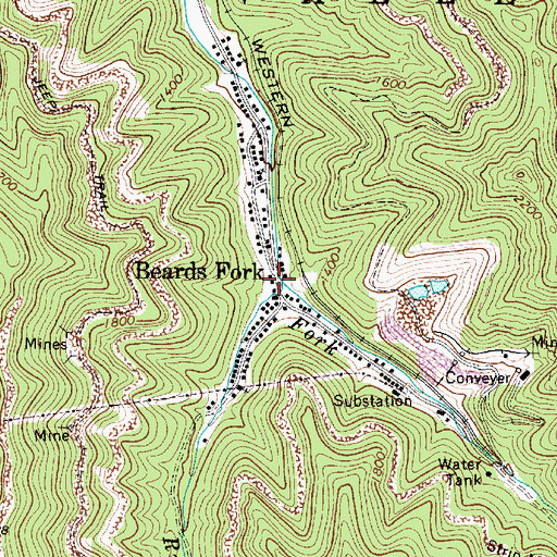 Topographic Map of Beards Fork Census Designated Place, WV