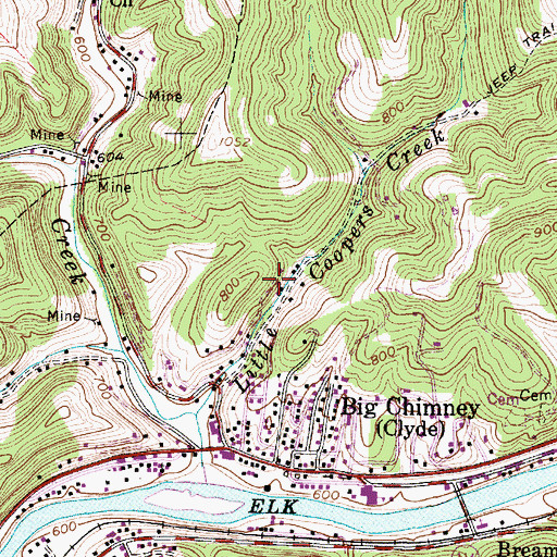 Topographic Map of Big Chimney Census Designated Place, WV