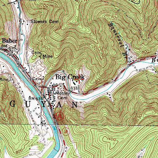 Topographic Map of Big Creek Census Designated Place, WV