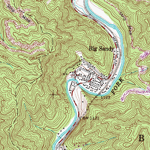 Topographic Map of Big Sandy Census Designated Place, WV