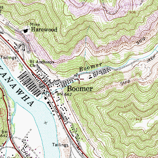 Topographic Map of Boomer Census Designated Place, WV