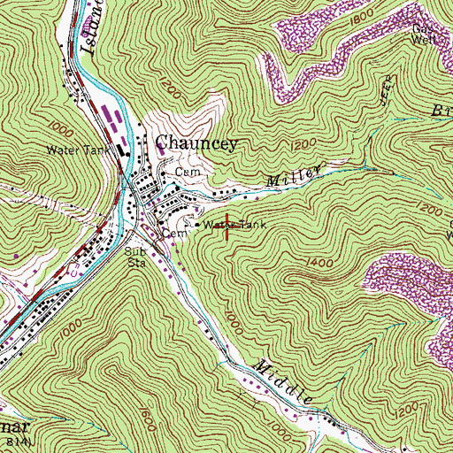 Topographic Map of Chauncey Census Designated Place, WV