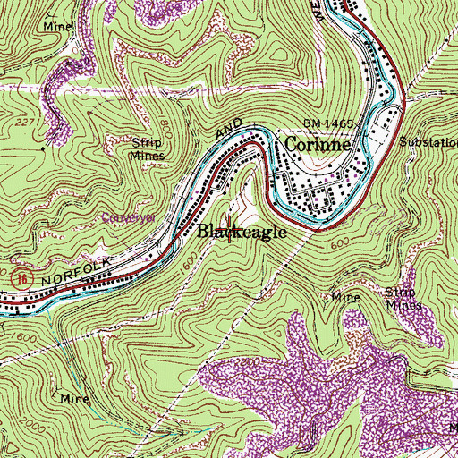 Topographic Map of Corinne Census Designated Place, WV