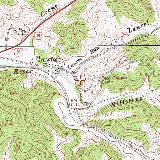 Topographic Map of Crawford Census Designated Place, WV
