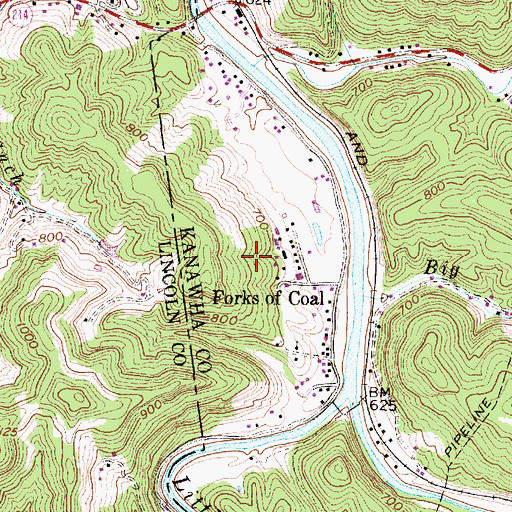 Topographic Map of Forks of Coal Census Designated Place, WV