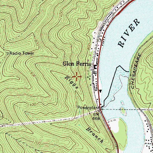 Topographic Map of Glen Ferris Census Designated Place, WV