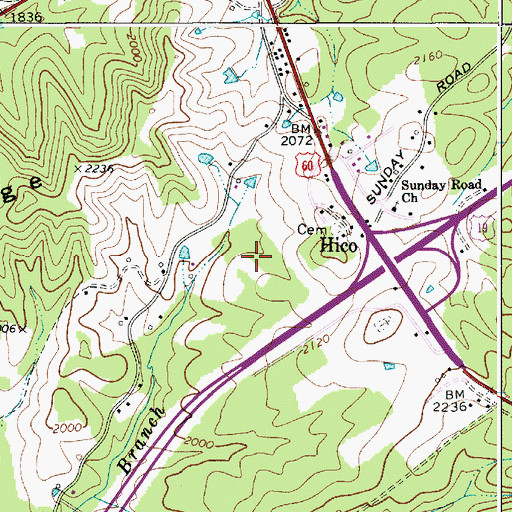 Topographic Map of Hico Census Designated Place, WV